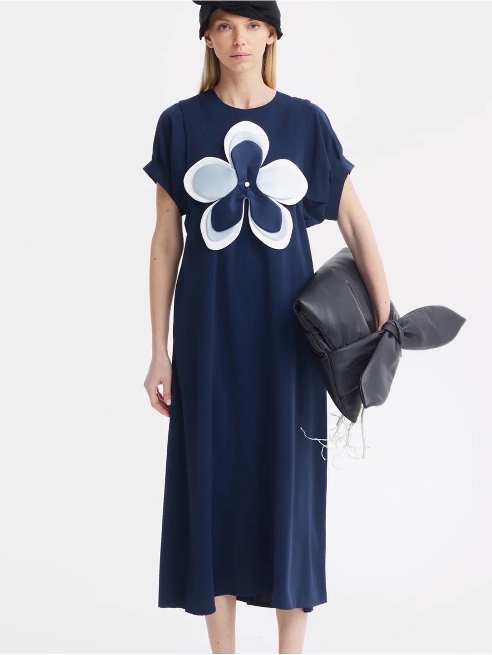 Julia Allert Silky Touch Midi Dark Blue Dress W/ Handmade Floral Appliqué sz XXL